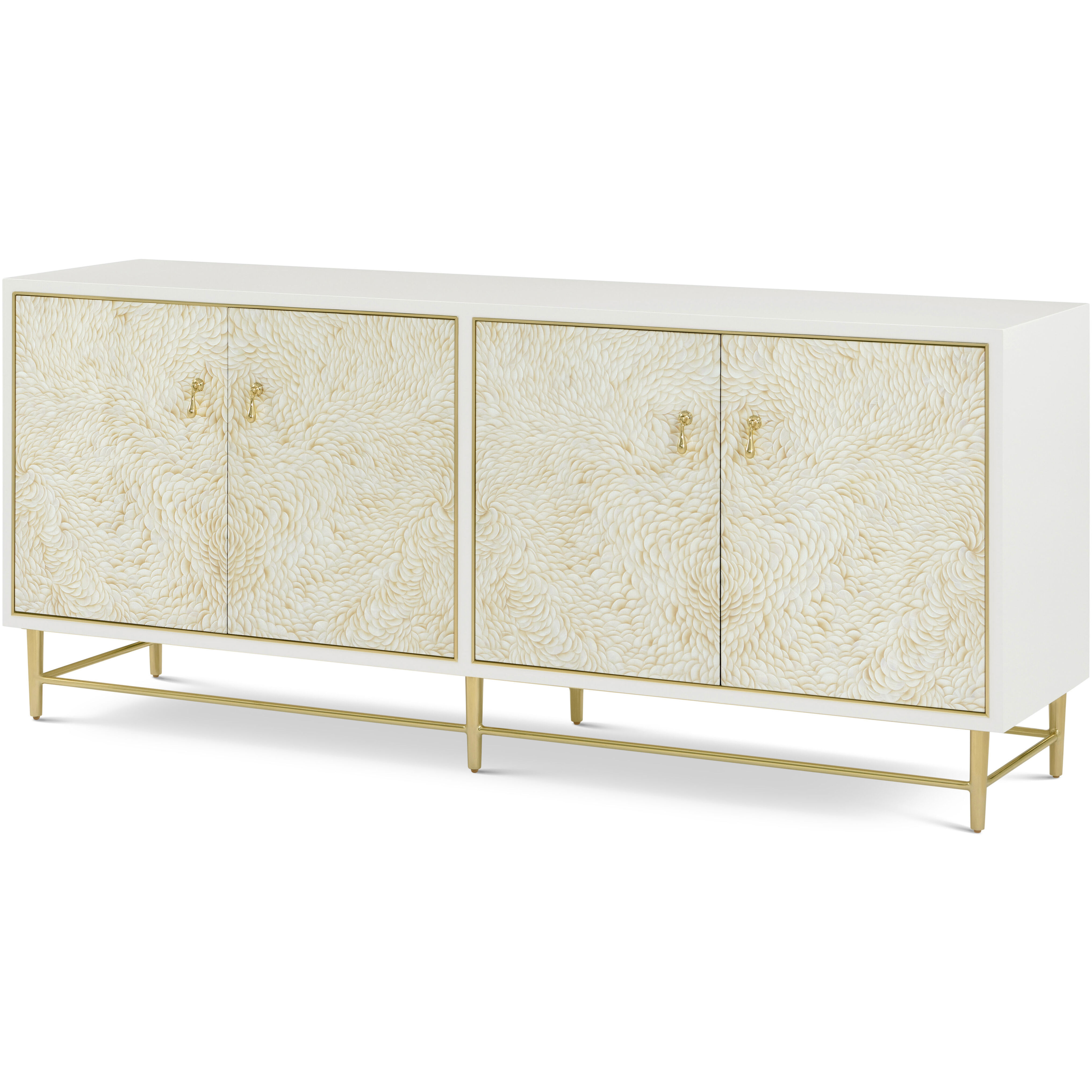 Judith Leiber Couture 80 X 19 inch Feather / Solstice / Polished Brass Credenza, Wooden, 4-Door