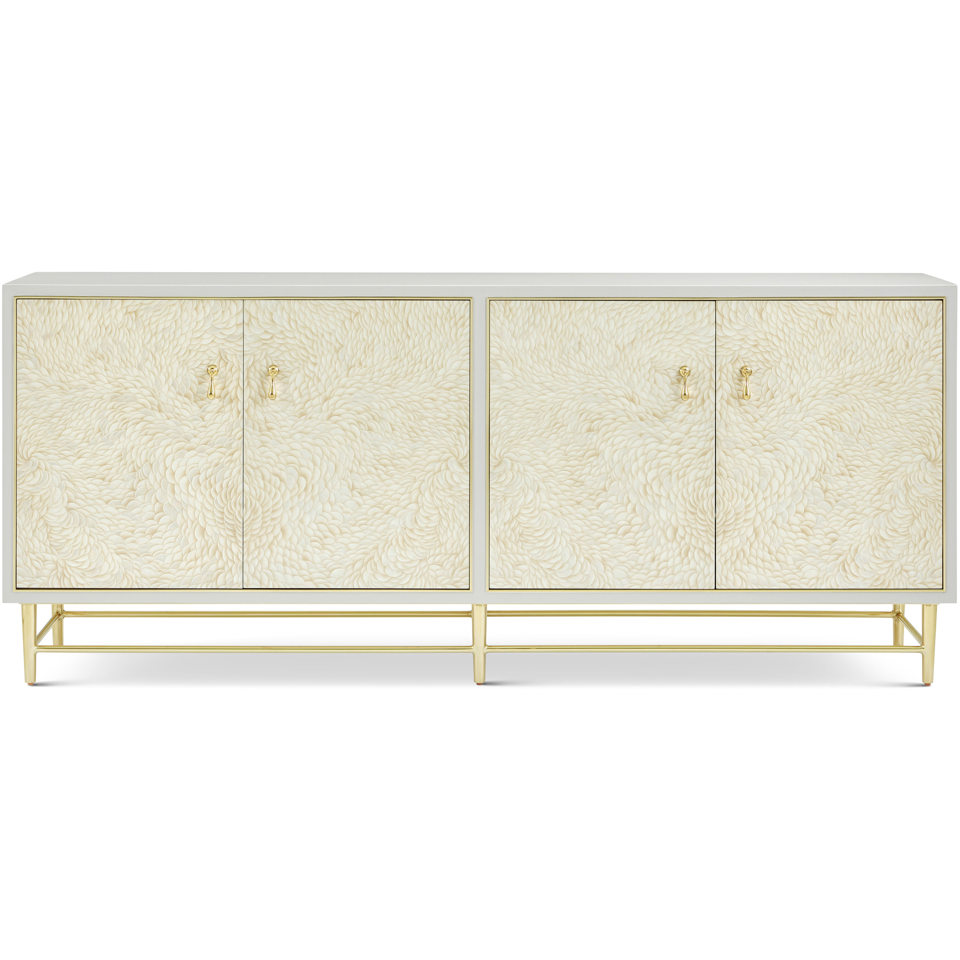 Judith Leiber Couture 80 X 19 inch Feather / Solstice / Polished Brass Credenza, Wooden, 4-Door