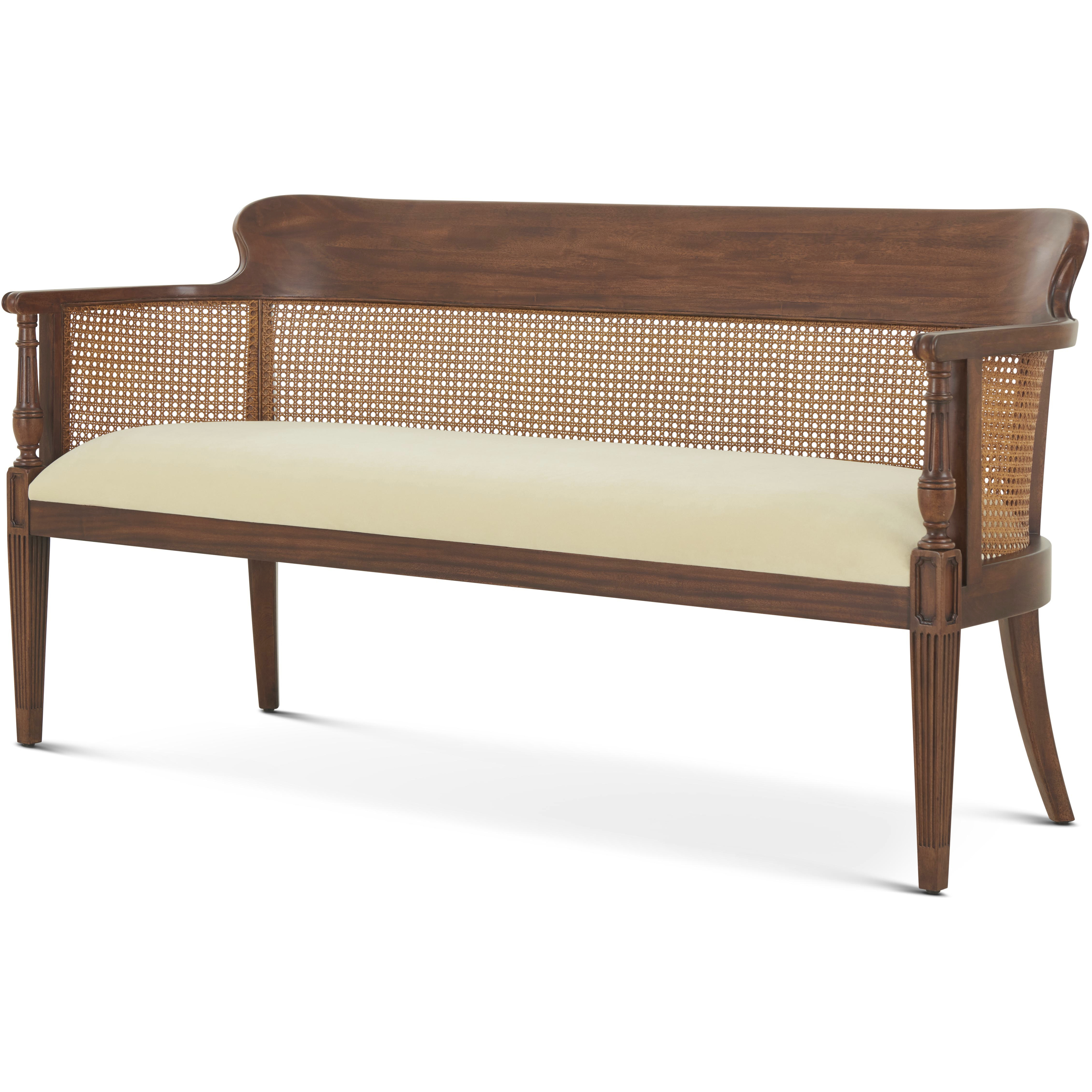 Sunderland Antique Rattan Bench, Wooden, Upholstered